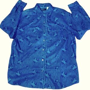 Wrangler Blues Sz XL Blue Ruffle Roping Bucking Bronco Horse Button Down Shirt